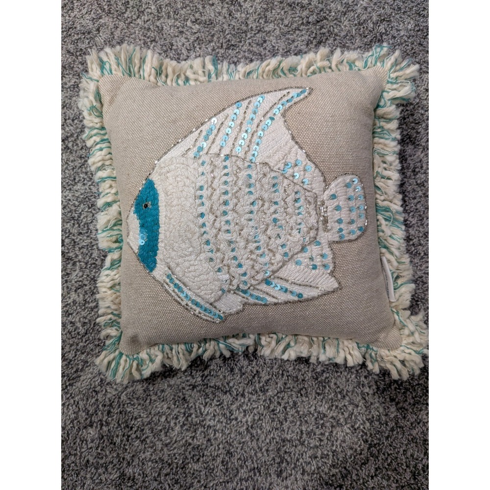 Coastal Collection Fish Sequined Beaded Pillow Fringe 12x12
